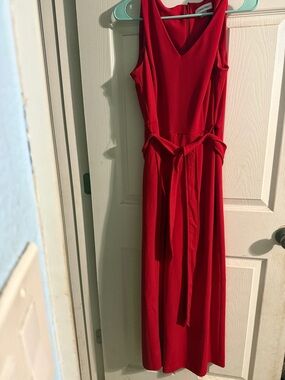 Calvin Klein Red Sleeveless V-Neck Jumpsuit with Waist Tie